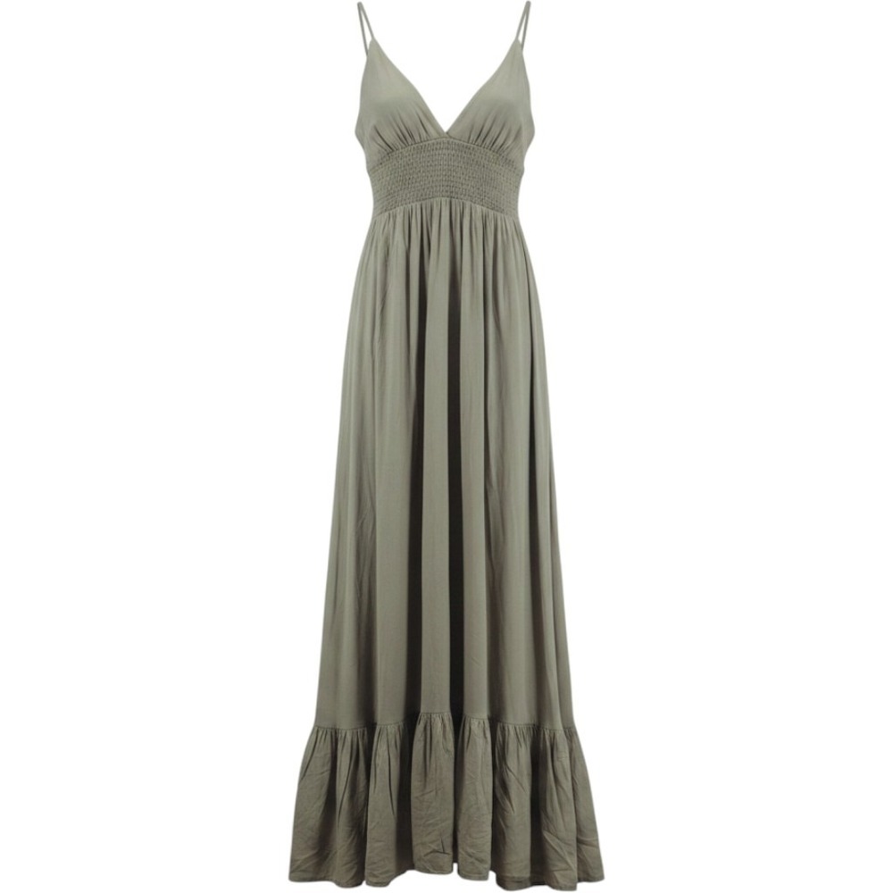 Summer Boho Olive Green Smocked Waist Maxi Dress Size 6 Vacation Resort Chic